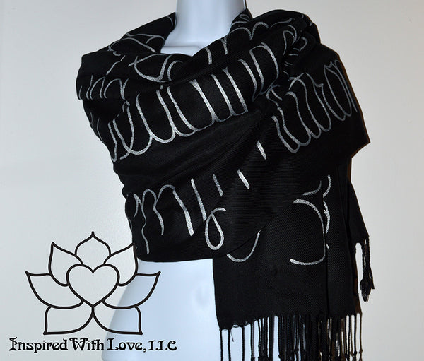 Custom personalized hand-painted pashmina script black scarf. Completely customizable. Choose your favorite quote, message, phrase. Contain a hidden secret message on the inside and looks like an abstract pattern when worn. Exclusively created by Inspired With Love.
