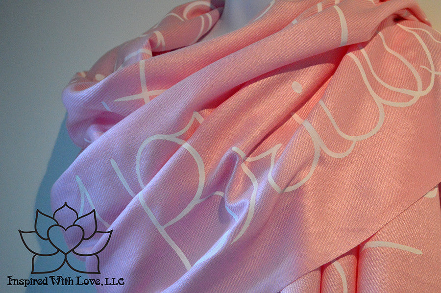 Custom personalized hand-painted pashmina script Pink scarf. Completely customizable. Choose your favorite quote, message, phrase. Contain a hidden secret message on the inside and looks like an abstract pattern when worn. Exclusively created by Inspired With Love.