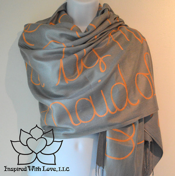 Custom personalized hand-painted pashmina script Ash Gray scarf. Completely customizable. Choose your favorite quote, message, phrase. Contain a hidden secret message on the inside and looks like an abstract pattern when worn. Exclusively created by Inspired With Love.