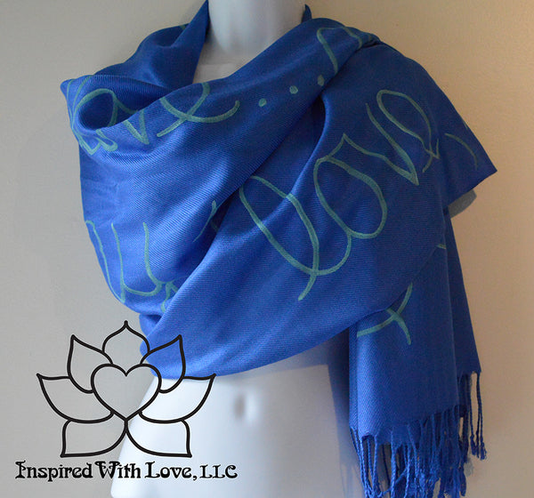 Custom personalized hand-painted pashmina script Royal Blue scarf. Completely customizable. Choose your favorite quote, message, phrase. Contain a hidden secret message on the inside and looks like an abstract pattern when worn. Exclusively created by Inspired With Love.
