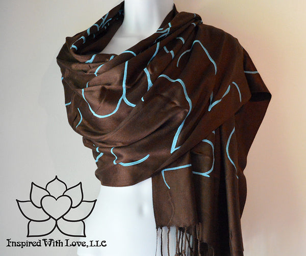Custom personalized hand-painted pashmina script Chocolate Brown scarf. Completely customizable. Choose your favorite quote, message, phrase. Contain a hidden secret message on the inside and looks like an abstract pattern when worn. Exclusively created by Inspired With Love.