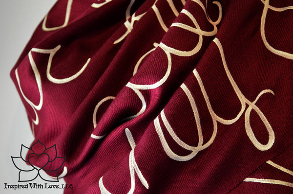 Custom personalized hand-painted pashmina script burgundy scarf. Completely customizable. Choose your favorite quote, message, phrase. Contain a hidden secret message on the inside and looks like an abstract pattern when worn. Exclusively created by Inspired With Love.