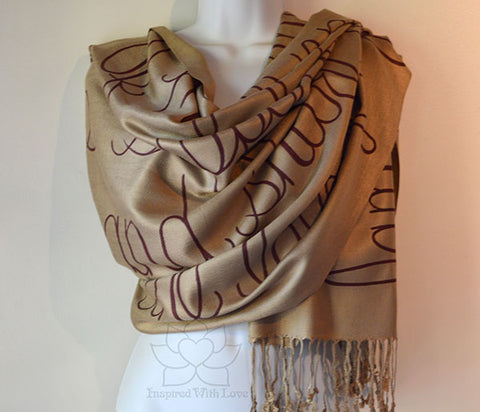 Custom Personalized Hand-painted Message Script Pashmina Champagne Scarf - Inspired With Love