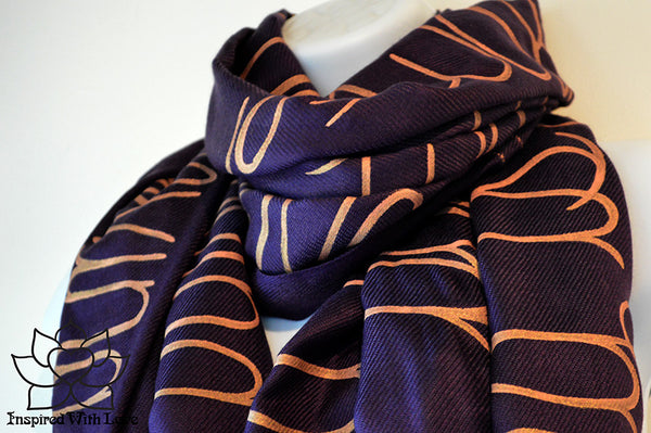 Custom personalized hand-painted pashmina script Eggplant scarf. Completely customizable. Choose your favorite quote, message, phrase. Contain a hidden secret message on the inside and looks like an abstract pattern when worn. Exclusively created by Inspired With Love.