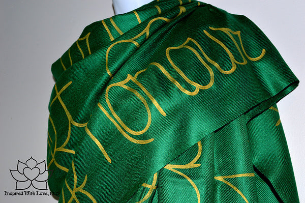 Custom personalized hand-painted pashmina script Forest Green scarf. Completely customizable. Choose your favorite quote, message, phrase. Contain a hidden secret message on the inside and looks like an abstract pattern when worn. Exclusively created by Inspired With Love.