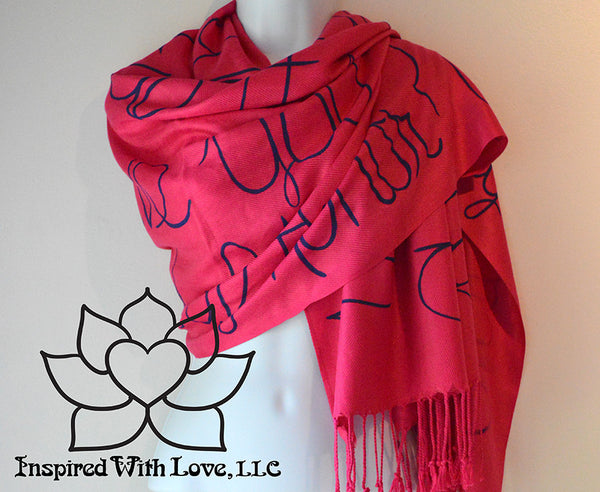 Custom personalized hand-painted pashmina script Fuchsia scarf. Completely customizable. Choose your favorite quote, message, phrase. Contain a hidden secret message on the inside and looks like an abstract pattern when worn. Exclusively created by Inspired With Love.