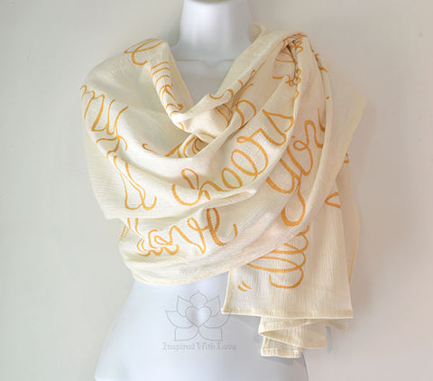 Custom Personalized 100% Cotton Gauze Crinkled Ivory Gold Scarf Shawl, Bridesmaid Proposal, Cotton Anniversary, Mother of Bride, Bridal Vows Wedding Gift - Inspired With Love