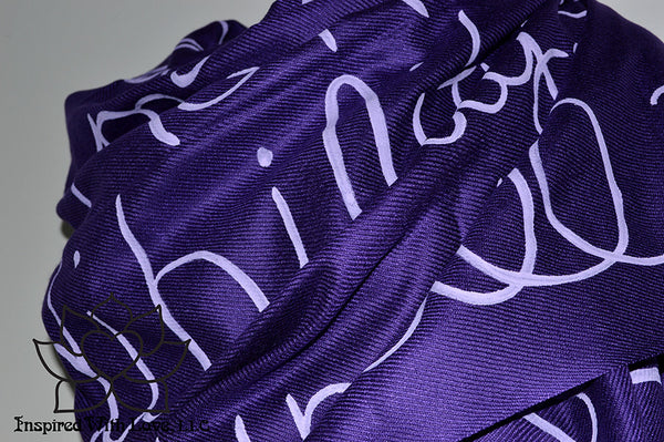Custom personalized hand-painted pashmina script Grape scarf. Completely customizable. Choose your favorite quote, message, phrase. Contain a hidden secret message on the inside and looks like an abstract pattern when worn. Exclusively created by Inspired With Love.