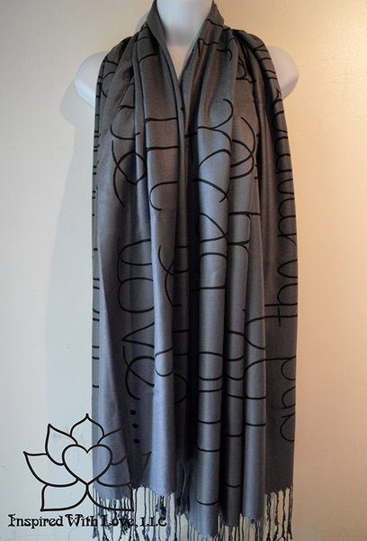 Custom personalized hand-painted pashmina script Dark Gray scarf. Completely customizable. Choose your favorite quote, message, phrase. Contain a hidden secret message on the inside and looks like an abstract pattern when worn. Exclusively created by Inspired With Love.