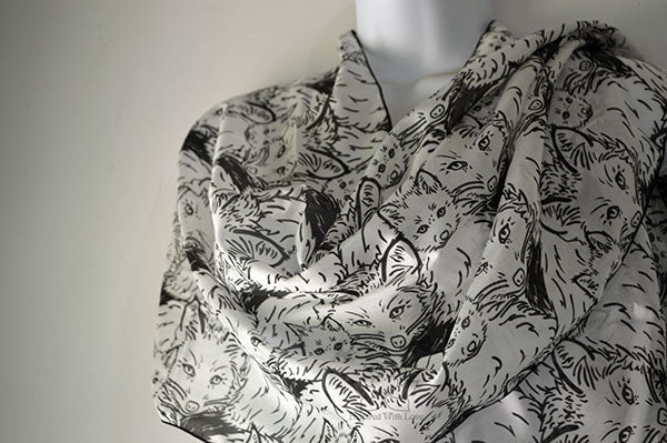 Original Black & White Monotone Grayscale Fox Printed Design Pattern Silk Scarf - Inspired With Love