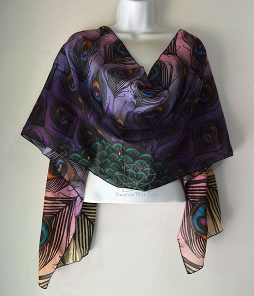 Original Jewel Peacock Feather Fan Printed Design Pattern Silk Scarf - Inspired With Love