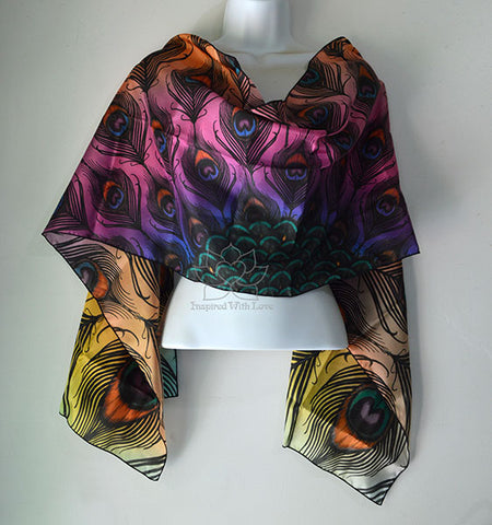 Original Sunrise Peacock Feather Fan Printed Design Pattern Silk Scarf - Inspired With Love
