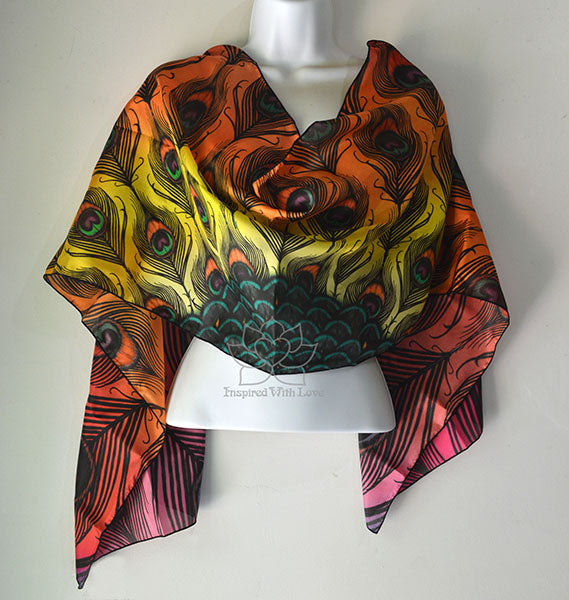 Original Sunset Peacock Feather Fan Printed Design Pattern Silk Scarf - Inspired With Love