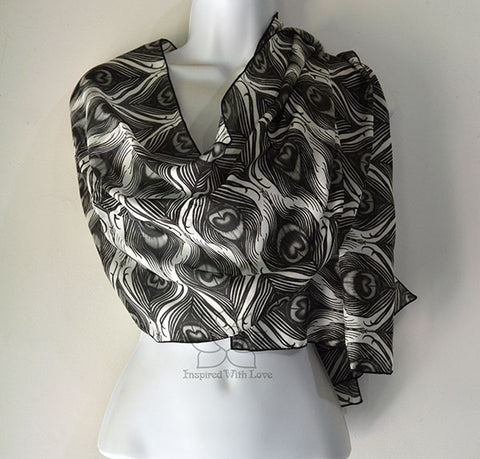 Original Black & White Monotone Grayscale Peacock Feather Printed Design Pattern Silk Scarf - Inspired With Love