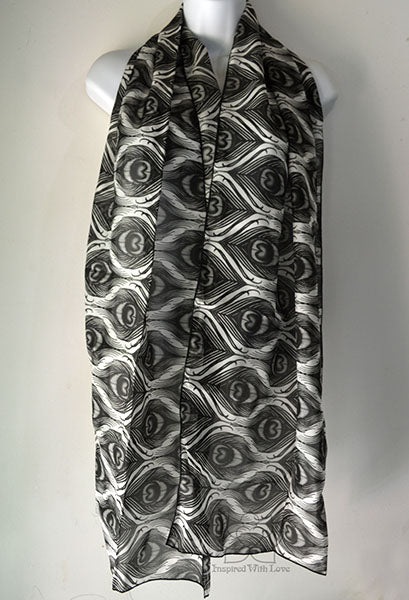 Original Black & White Monotone Peacock Feather Design Printed Scarf