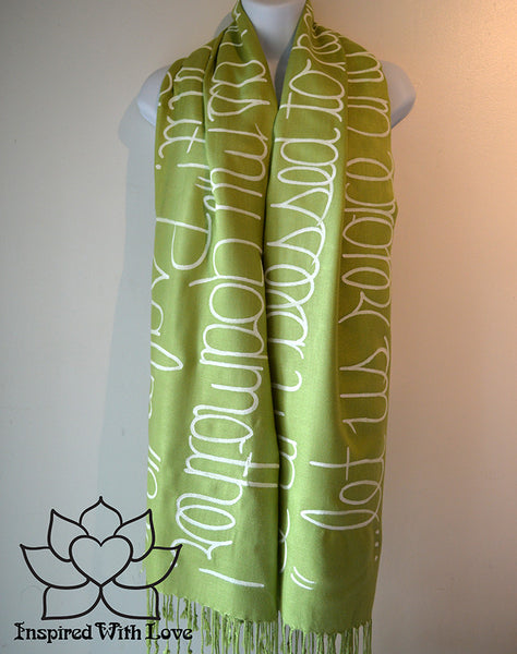 Custom personalized hand-painted pashmina script Lime Green scarf. Completely customizable. Choose your favorite quote, message, phrase. Contain a hidden secret message on the inside and looks like an abstract pattern when worn. Exclusively created by Inspired With Love.