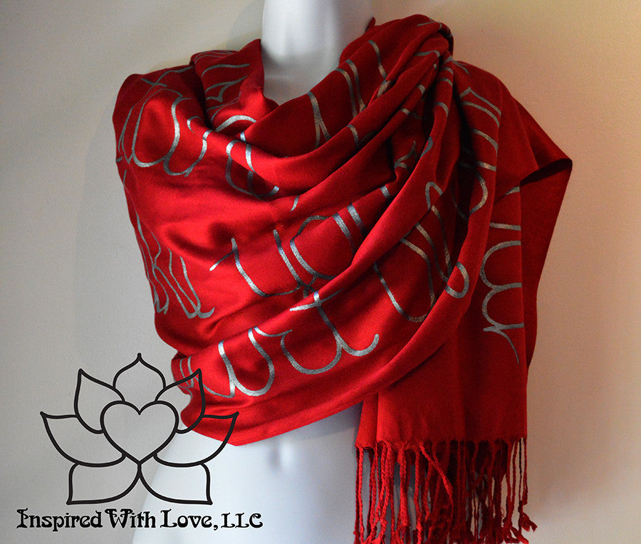 Custom personalized hand-painted pashmina script Maroon scarf. Completely customizable. Choose your favorite quote, message, phrase. Contain a hidden secret message on the inside and looks like an abstract pattern when worn. Exclusively created by Inspired With Love.