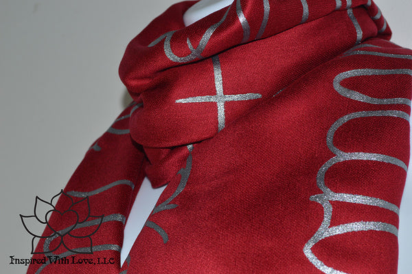 Custom personalized hand-painted pashmina script Maroon scarf. Completely customizable. Choose your favorite quote, message, phrase. Contain a hidden secret message on the inside and looks like an abstract pattern when worn. Exclusively created by Inspired With Love.