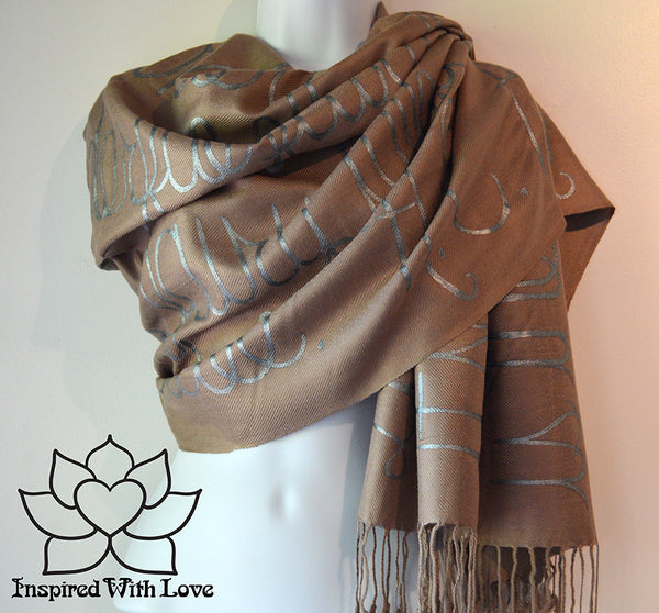 Custom personalized hand-painted pashmina script Mocha scarf. Completely customizable. Choose your favorite quote, message, phrase. Contain a hidden secret message on the inside and looks like an abstract pattern when worn. Exclusively created by Inspired With Love.