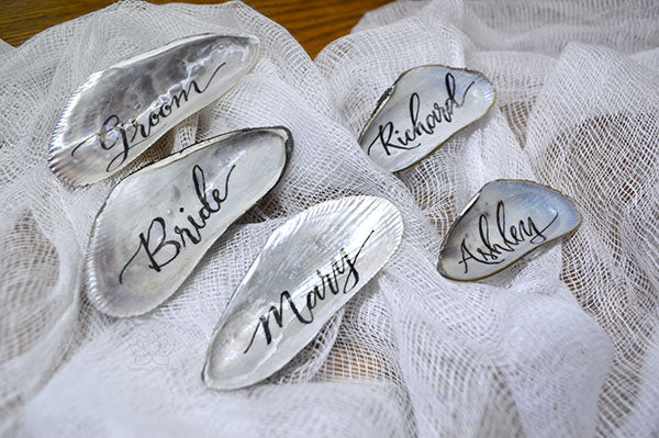 Custom Personalized Calligraphy Mussel Shells Name Place Cards, Rustic Beach Nautical Destination Travel Wedding decor favors, Corporate Events - Inspired With Love
