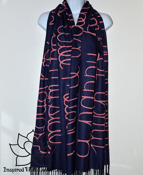 Custom personalized hand-painted pashmina script Navy scarf. Completely customizable. Choose your favorite quote, message, phrase. Contain a hidden secret message on the inside and looks like an abstract pattern when worn. Exclusively created by Inspired With Love.
