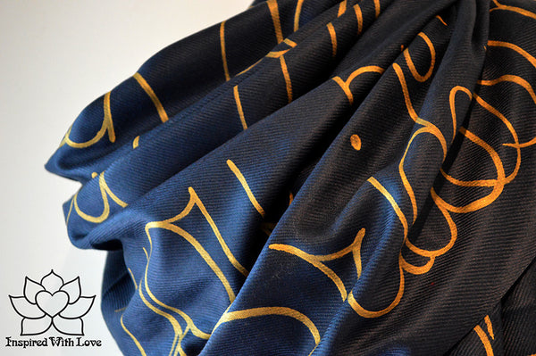 Custom personalized hand-painted pashmina script Navy scarf. Completely customizable. Choose your favorite quote, message, phrase. Contain a hidden secret message on the inside and looks like an abstract pattern when worn. Exclusively created by Inspired With Love.