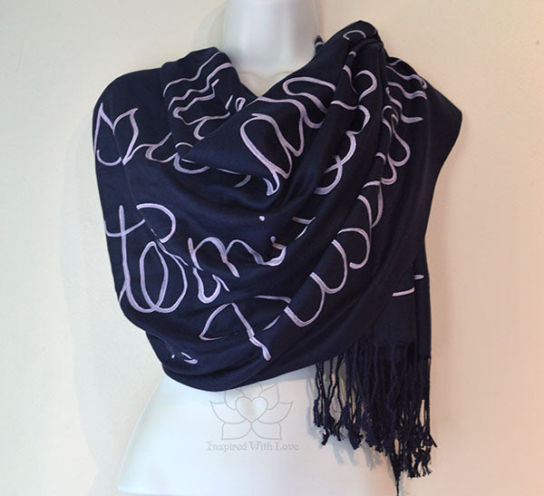 Custom Hand-painted Script Pashmina Navy Scarf (Viscose/Acrylic blend) - Made to Order