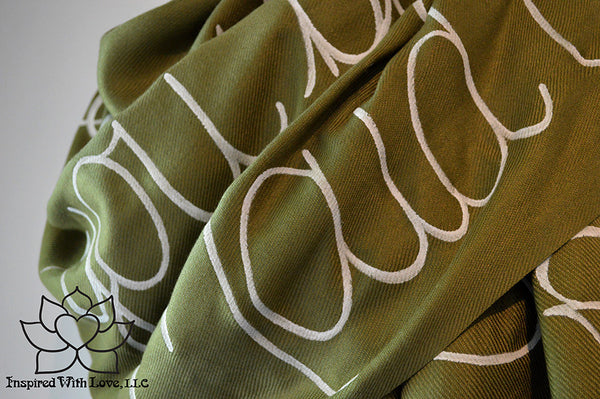 Custom personalized hand-painted pashmina script Olive Green scarf. Completely customizable. Choose your favorite quote, message, phrase. Contain a hidden secret message on the inside and looks like an abstract pattern when worn. Exclusively created by Inspired With Love.