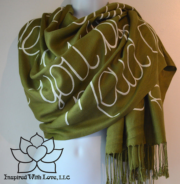 Custom personalized hand-painted pashmina script Olive Green scarf. Completely customizable. Choose your favorite quote, message, phrase. Contain a hidden secret message on the inside and looks like an abstract pattern when worn. Exclusively created by Inspired With Love.