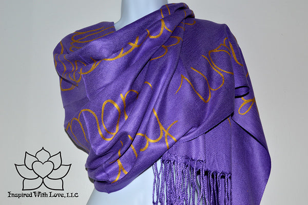 Custom personalized hand-painted pashmina script Purple scarf. Completely customizable. Choose your favorite quote, message, phrase. Contain a hidden secret message on the inside and looks like an abstract pattern when worn. Exclusively created by Inspired With Love.