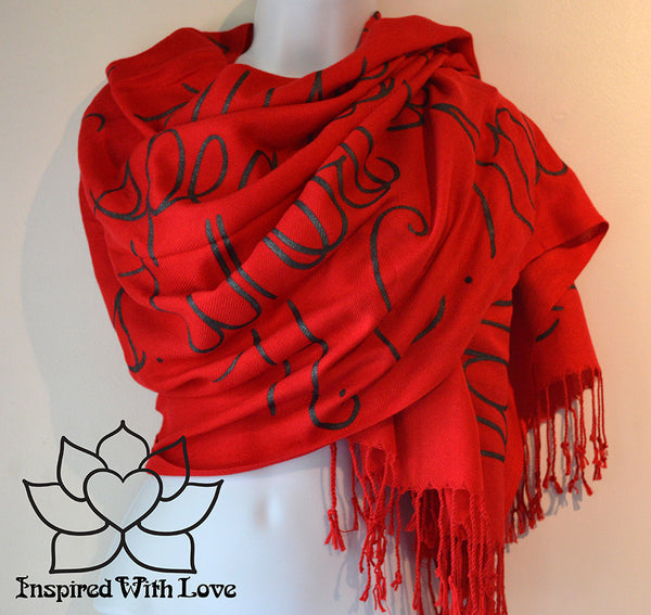 Custom personalized hand-painted pashmina script Red scarf. Completely customizable. Choose your favorite quote, message, phrase. Contain a hidden secret message on the inside and looks like an abstract pattern when worn. Exclusively created by Inspired With Love.