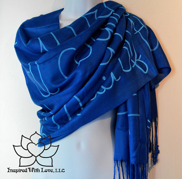 Custom personalized hand-painted pashmina script Royal Blue scarf. Completely customizable. Choose your favorite quote, message, phrase. Contain a hidden secret message on the inside and looks like an abstract pattern when worn. Exclusively created by Inspired With Love.