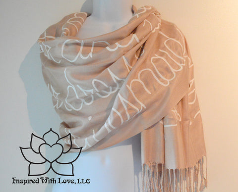 Custom personalized hand-painted pashmina script Seashell scarf. Completely customizable. Choose your favorite quote, message, phrase. Contain a hidden secret message on the inside and looks like an abstract pattern when worn. Exclusively created by Inspired With Love.