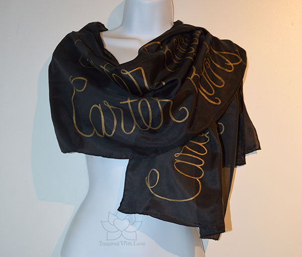 custom personalized hand-painted script 100% silk solid black scarf, customized quote message wedding vows phrase, gifts for her, gift for mom, friendship scarf - Inspired With Love.