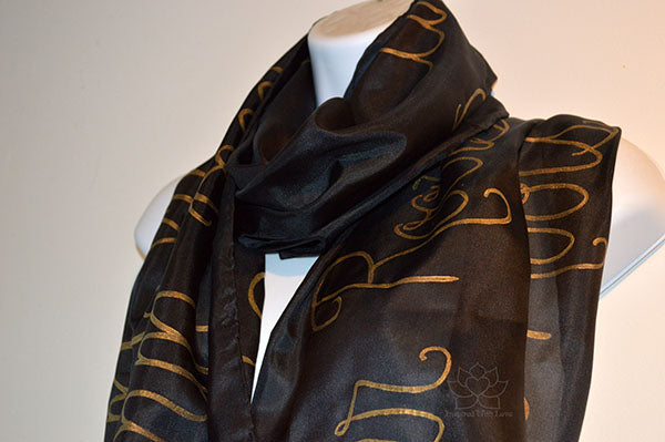 custom personalized hand-painted script 100% silk solid black scarf, customized quote message wedding vows phrase, gifts for her, gift for mom, friendship scarf - Inspired With Love.