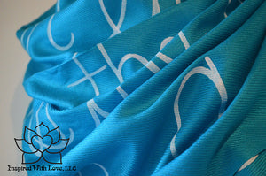 Custom personalized hand-painted pashmina script Turquoise scarf. Completely customizable. Choose your favorite quote, message, phrase. Contain a hidden secret message on the inside and looks like an abstract pattern when worn. Exclusively created by Inspired With Love.