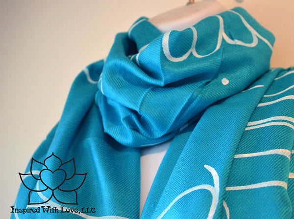 Custom personalized hand-painted pashmina script Turquoise scarf. Completely customizable. Choose your favorite quote, message, phrase. Contain a hidden secret message on the inside and looks like an abstract pattern when worn. Exclusively created by Inspired With Love.