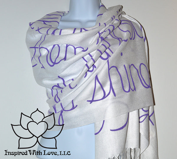 Custom personalized hand-painted pashmina script White scarf. Completely customizable. Choose your favorite quote, message, phrase. Contain a hidden secret message on the inside and looks like an abstract pattern when worn. Exclusively created by Inspired With Love.