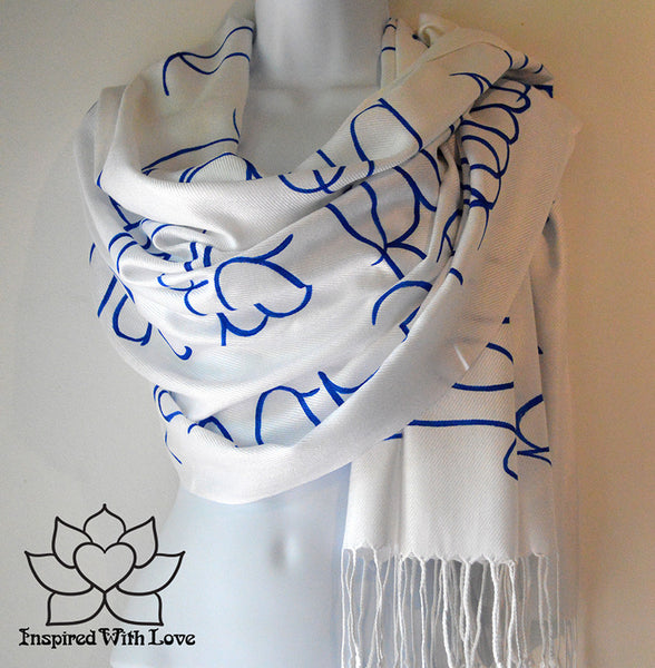Custom personalized hand-painted pashmina script White scarf. Completely customizable. Choose your favorite quote, message, phrase. Contain a hidden secret message on the inside and looks like an abstract pattern when worn. Exclusively created by Inspired With Love.